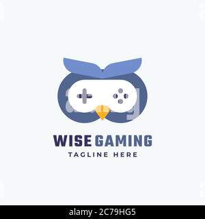 WISE Gaming Abstract Vector Sign, Symbol ou logo Template. Manette de jeu plate Icon incorporée dans un visage hibou. Typographie moderne. Bon pour le jeu Illustration de Vecteur