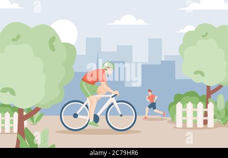 De jeunes hommes souriants vêlants de sport font du vélo et de la course dans un parc urbain dans l'illustration vectorielle plate d'été. Les gens qui font du sport dans le parc de la ville. Mode de vie sain, concept de loisirs actifs. Illustration de Vecteur