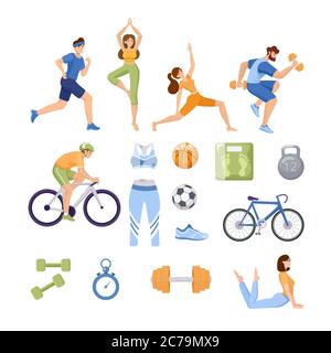 Ensemble d'articles de sport. Des gens heureux dans les vêtements de sport faisant de l'entraînement, du yoga, et de l'étirement. Vêtements de sport, vélo, chronomètre, haltère, chaussures de course, ballon, balance vecteur d'illustration plate. Illustration de Vecteur