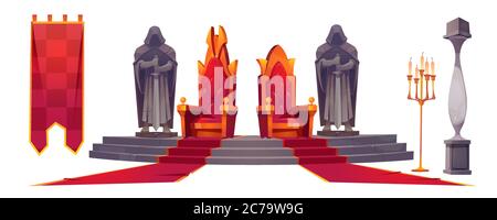 Intérieur du château médiéval avec trônes royales d'or. Ensemble de dessins animés vectoriels de chaises de roi et de reine, statues en pierre de chevaliers avec épée, tapis rouge, drapeau et bougies isolées sur fond blanc Illustration de Vecteur