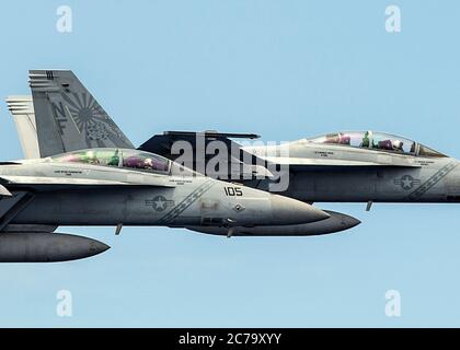 Deux avions de chasse F/A-18F Super Hornet de la Marine américaine, des Diamondbacks du Strike Fighter Squadron 102, volent en formation au large du porte-avions USS Ronald Reagan le 30 mai 2020 en mer des Philippines. Commandant, de la 7e flotte des États-Unis, Vice ADM. Bill Merz a fait un tour à l'arrière de l'appareil lors d'une visite du navire. Banque D'Images