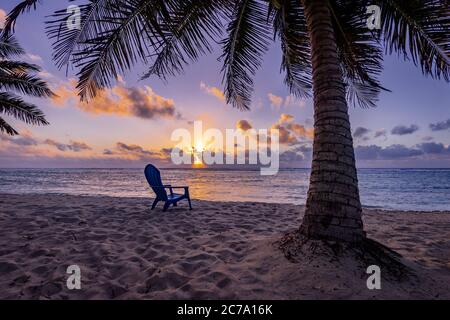 Parfait lever du soleil avec chaise de plage et palmier, île Grand Cayman Banque D'Images