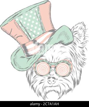 Un chiot mignon portant un chapeau et des lunettes de soleil. Illustration vectorielle. Beau chien. Image pour une carte, une affiche ou un imprimé sur des vêtements. Illustration de Vecteur