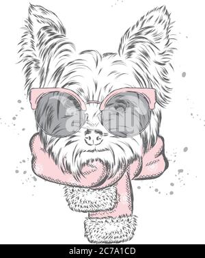 Un chiot mignon avec cache-oreilles et foulard. Illustration vectorielle pour une carte ou une affiche. Imprimer sur des vêtements. Beau chien. Nouvel an et Noël. Hiver. Chaud Illustration de Vecteur