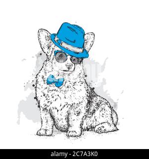 Un chiot mignon portant un chapeau et des lunettes de soleil. Illustration vectorielle. Beau chien. Image pour une carte, une affiche ou un imprimé sur des vêtements. Illustration de Vecteur