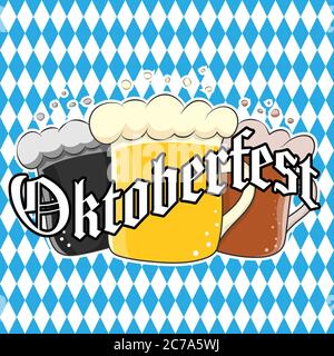 Trois tasses à bière avec inscription Oktoberfest pour autocollants, bannières, logos, autocollants et thèmes. Illustration vectorielle simple couleur Illustration de Vecteur