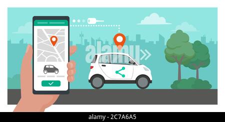 Application de partage de voiture : homme réservant sa voiture en ligne à l'aide d'une application mobile Illustration de Vecteur