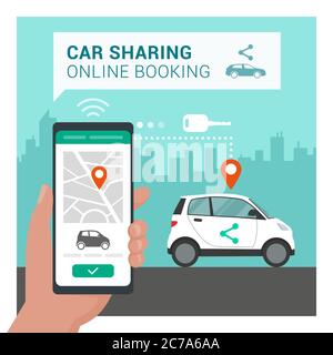 Application de partage de voiture : homme réservant sa voiture en ligne à l'aide d'une application mobile Illustration de Vecteur