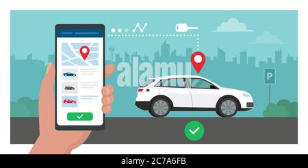 Application de location de voiture : voiture garée dans la rue de la ville, homme tenant un smartphone et réservant le véhicule Illustration de Vecteur