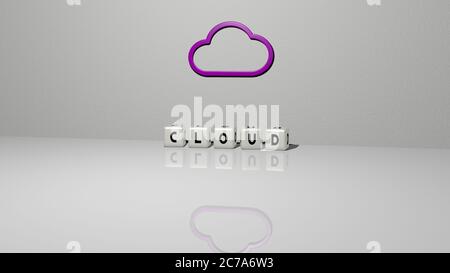 Représentation 3D du nuage avec icône sur le mur et texte disposé par des lettres métalliques cubes sur un sol miroir pour la signification du concept et la présentation du diaporama. Fond et bleu Banque D'Images