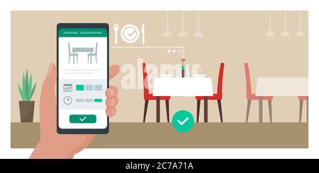 Réservation virtuelle de restaurant : l'utilisateur réservant une table au restaurant à l'aide d'une application mobile sur son smartphone Illustration de Vecteur