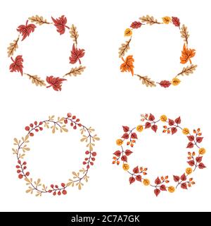 Couronne d'automne Vector avec feuilles en chute, baies. Cadre rond en éléments botaniques dessinés à la main. Pour le design et la décoration. 4 options différentes Illustration de Vecteur