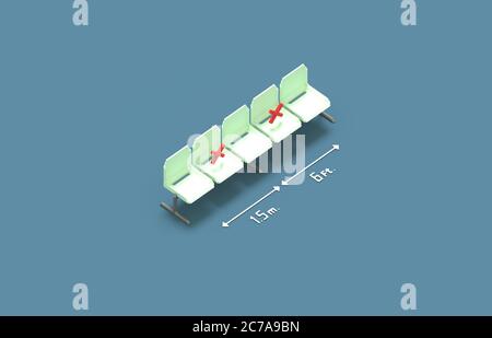 Concept social de distanciation avec chaises fermées au milieu, 6 pieds, 1.5 m de distance de sécurité présentent isométrique comme un nouveau concept normal, illustration 3D Banque D'Images