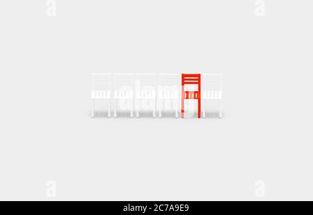 Tabouret rouge unique dans une rangée de chaises blanches, concours et individualité design concept 3D illustration stock photo Banque D'Images