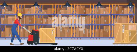 Intérieur moderne de vecteur d'entrepôt avec des marchandises, des transpalettes et un travailleur industriel qui porte une boîte de dalivery Illustration de Vecteur