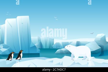 Caricature nature hiver paysage de glace arctique avec iceberg, montagnes enneigées collines. Ours blanc et pingouins. Illustration de style de jeu vectoriel Illustration de Vecteur