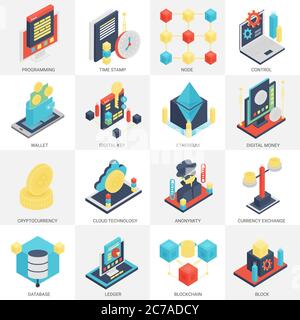 icônes d'exploration et de blockchain de crypto-monnaie isométrique à vecteur 3d Illustration de Vecteur