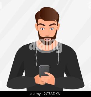 Portrait vectoriel de jeune homme beau surpris avec téléphone mobile Illustration de Vecteur