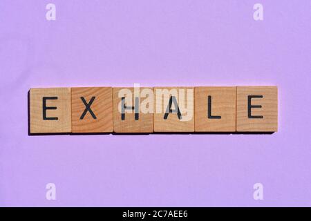 Expire, mot en lettres de l'alphabet en bois 3D isolées sur fond violet Banque D'Images