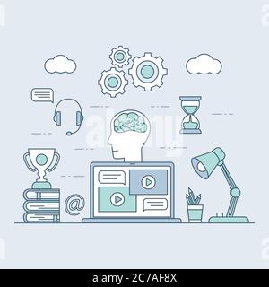 Illustration du contour de dessin animé vecteur d'apprentissage à distance. Écran d'ordinateur portable avec leçons vidéo, bureau avec livres et récompenses. Formation en ligne, salle de classe moderne numérique, conception de cours distants. Illustration de Vecteur