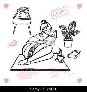 Kit d'illustration de la bande dessinée Vector Lifestyle hygge. Dessin à la main avec dessin à la ligne noire. Carte de vœux, cadeau, douillette, à ne pas manquer. Forme moderne sur fond blanc éléments vectoriels isolés. Parfait pour les amoureux des chats. Illustration de Vecteur