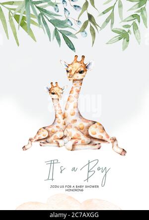 Girafe mignonne avec fleur sur la tête. Illustration d'animaux tropicaux isolés de la girafe de dessin animé aquarelle. Douche bébé pour jumeaux un garçon Banque D'Images