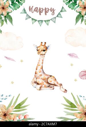 Girafe mignonne avec fleur sur la tête. Illustration d'animaux tropicaux isolés de la girafe de dessin animé aquarelle. Douche bébé pour jumeaux un garçon Banque D'Images