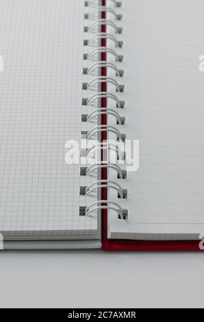 Cahier à spirale ouvert avec papier à lignes et à quadrillage. Banque D'Images