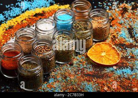 Concept de l'art alimentaire. Composition de bouteilles avec herbes et épices. Pots en verre avec paprika, moutarde, origan et autres épices près du sel de mer granulé et des agrumes secs. Ensemble d'épices sur fond gris Banque D'Images