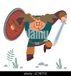 Viking. Grand guerrier viking orange musclé avec épée et bouclier attaques furieusement. Concept de conception avec le caractère humain plat de avec dessin animé Illustration de Vecteur