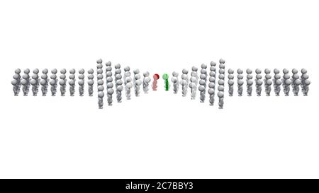 Flèches d'index composées de personnes 3D avec une ligne d'attache rouge et verte face l'une à l'autre - isolées sur fond blanc - illustration 3D Banque D'Images