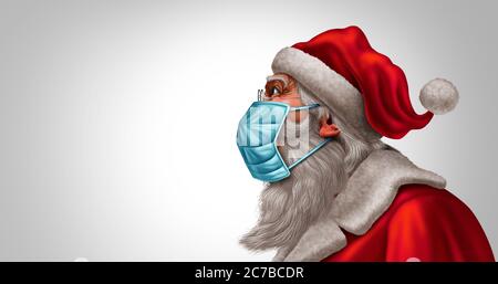 Le concept de masque facial du Père Noël comme symbole de la saison des fêtes de Noël pour la santé et la prévention des maladies de santé comme équipement médical prévenant. Banque D'Images