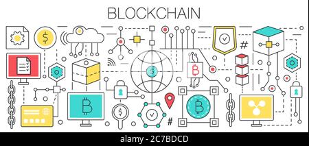 Modèle de concept de blockchain conception vectorielle à lignes plates. La technologie de paiement de financement bancaire utilisant des bitcoins crypto-monnaie Illustration de Vecteur