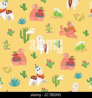 Motif sans couture dessiné à la main avec de mignons alpaga lama, cactus et autres herbes végétales. Illustration de Vecteur