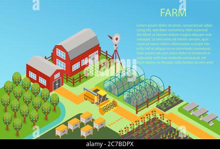 Vecteur isométrique concept de ferme rurale avec usine, jardin, arbres, moissonneuse-batteuse de tracteur, maison, moulin à vent et entrepôt Illustration de Vecteur