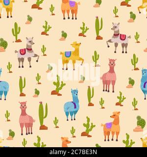 Motif sans couture dessiné à la main avec de mignons alpaga lama, cactus et pierres Illustration de Vecteur