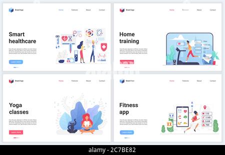 Illustrations vectorielles de l'application d'entraînement à domicile en ligne. Ensemble de modèles de dessin animé plat, interface de site Web mobile pour les applications de santé ou de fitness de sport, pratique de yoga sain à la maison avec entraîneur Illustration de Vecteur