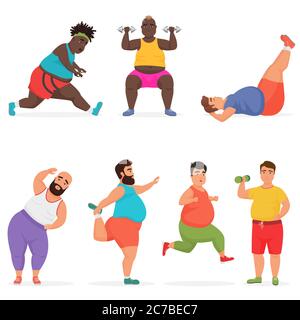 Vector drôle chubby gros personnages homme ensemble faire des exercices d'entraînement de gym. Sport fitness Illustration de Vecteur