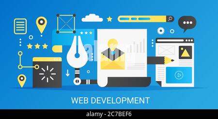 Bannière moderne de développement de conception de Web à gradient plat vectoriel avec icônes et texte Illustration de Vecteur