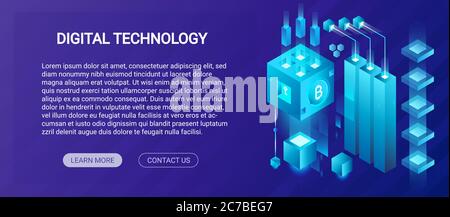 Service d'hébergement, Big Data Center, concept de modèle de bannière de composition isométrique de crypto-monnaie et de blockchain, illustration du vecteur de la ferme cryptographique minière Illustration de Vecteur