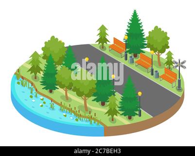 Carte isométrique colorée avec parc et promenade avec étang et arbres Illustration de Vecteur