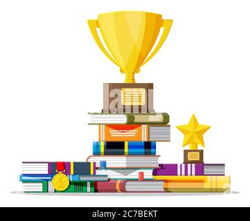 Pile de livres avec trophée et médaille de la coupe d'or. Connaissances scolaires et universitaires, formation en affaires et obtention de diplômes. Lecture, e-livre, littérature, encyclopédie. Illustration vectorielle de style plat Illustration de Vecteur