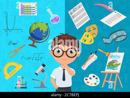 Style plat de diligent personnage d'écolier en lunettes entouré de diverses icônes de sujets scolaires sur fond bleu Illustration de Vecteur