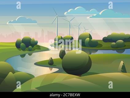 Paysage de terrain de terres vertes avec rivière, éoliennes et ville moderne sous ciel bleu. Écologie énergie éolienne alternative Illustration de Vecteur