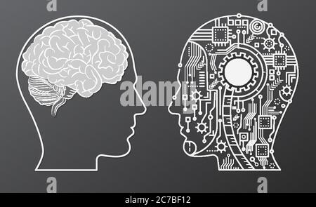Tête d'esprit du cerveau humain avec illustration du concept de tête de robot d'intelligence artificielle Illustration de Vecteur