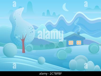 Maison de dessin animé d'hiver avec fumée de cheminée dans les montagnes fantasy paysage illustration vectorielle Illustration de Vecteur
