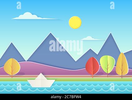 Paysage en papier tendance avec montagnes, collines, rivière, paper-bots et arbres. Illustration vectorielle paysage d'été Illustration de Vecteur