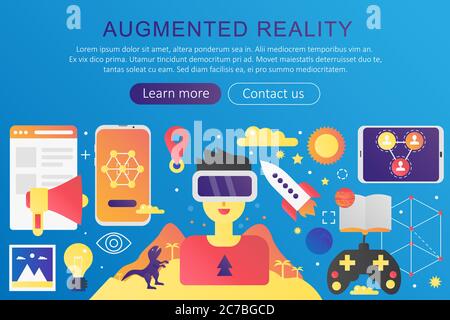Bannière de modèle de concept de réalité augmentée et réalité virtuelle VR à mode vectoriel à dégradé plat avec icônes et texte Illustration de Vecteur