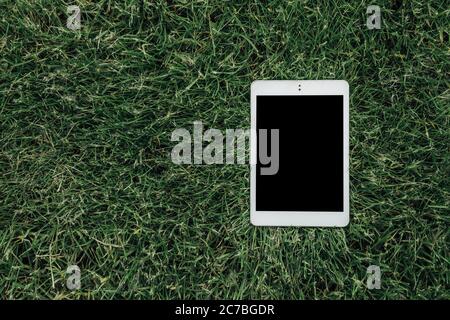 Vue rapprochée du dessus d'un Tablet pc blanc couché sur l'herbe verte dans le parc de la ville. Concept de technologie numérique. Banque D'Images