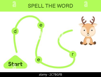Labyrinthe pour les enfants. Modèle de jeu de mots d'orthographe. Apprenez à lire Word Deer, feuille de travail imprimable. Page d'activité pour l'étude en anglais. Illustration de Vecteur